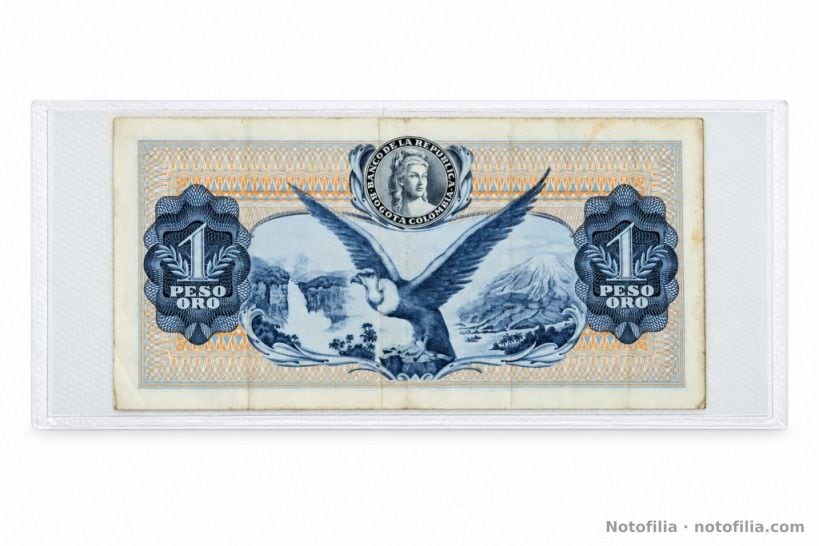 Reverso del 1 peso oro, Pick 404e: cóndor andino, salto del Tequendama, paisaje de montaña y sello de la Libertad.
