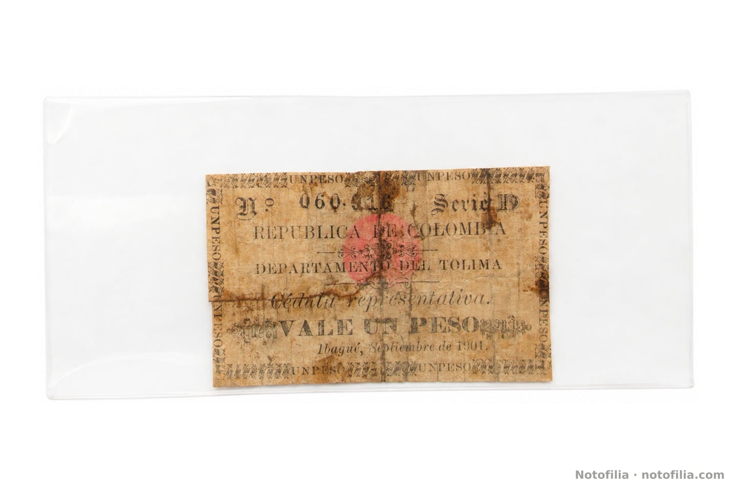 Face of the one-peso cédula representativa, Cód. 1242: Republic of Colombia, Departamento del Tolima, VALE UN PESO, Ibagué September 1901, N.º 060.416, Series D.