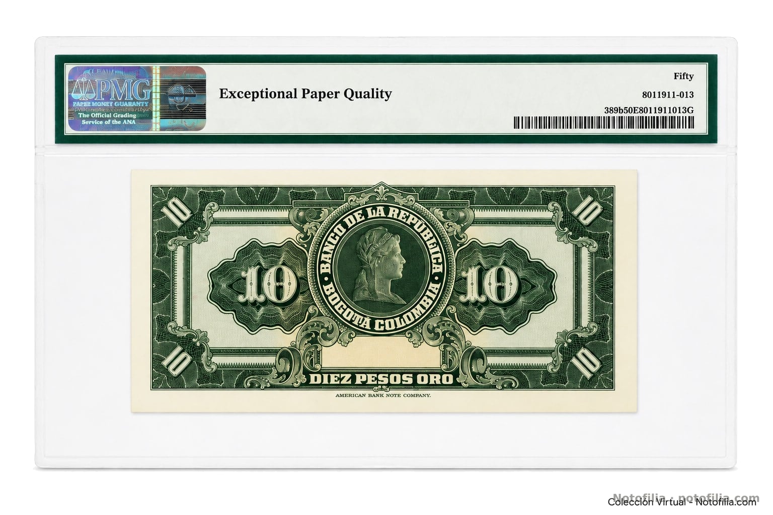 Reverso del 10 pesos oro, Pick 389b, encapsulado PMG 50 About Uncirculated EPQ: Libertad con gorro frigio, cifras 10 y pie de la American Bank Note Company.