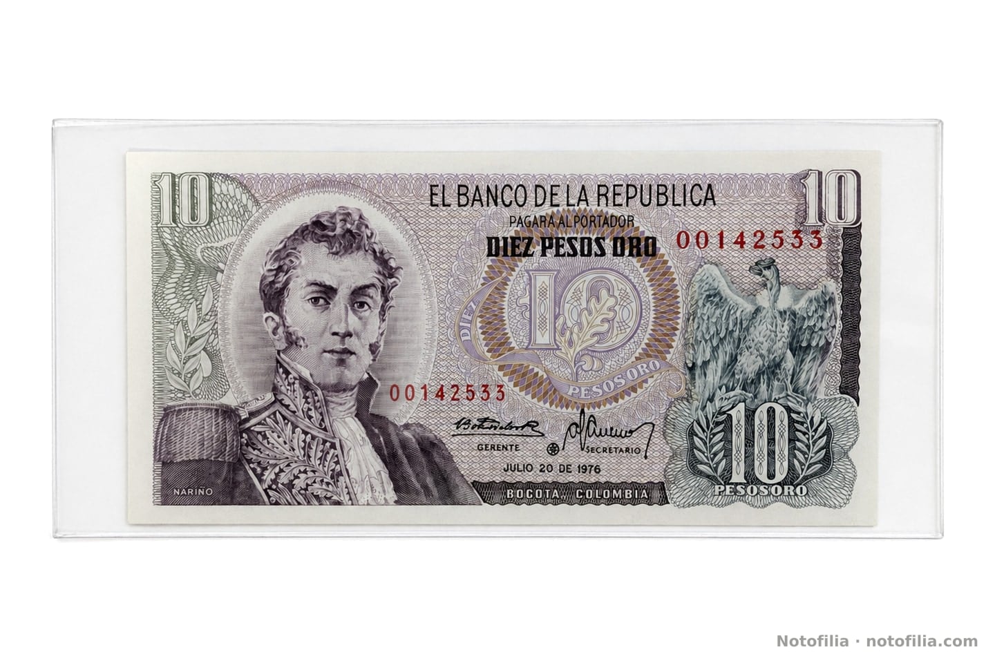 Face of the 20 July 1976 replacement 10 pesos oro: Nariño, the condor, serial 00142533, and the asterisk between GERENTE and SECRETARIO.