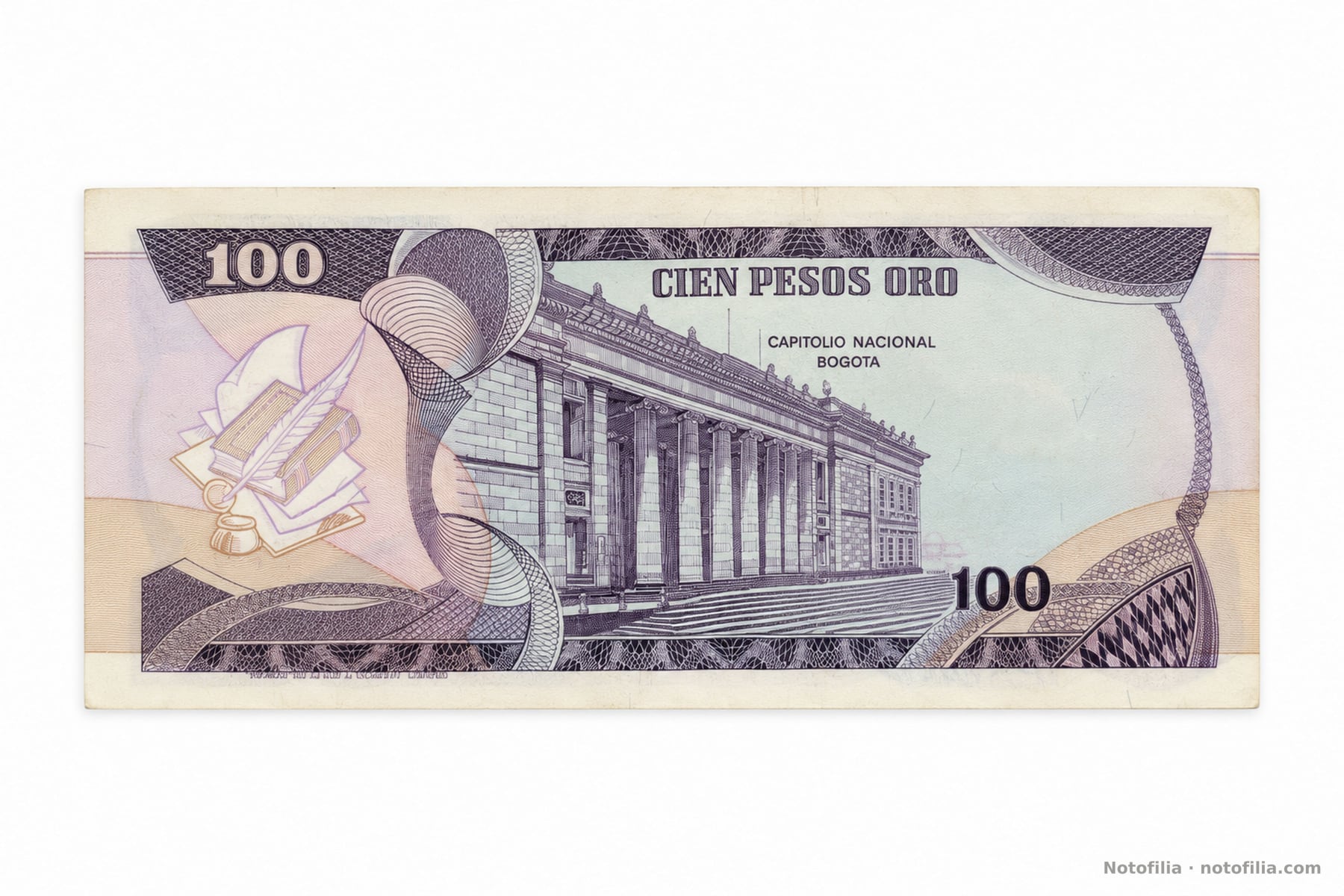Reverso del 100 pesos oro, Pick 418b: Capitolio Nacional de Bogotá, motivo de pluma y libro, y cifras 100.