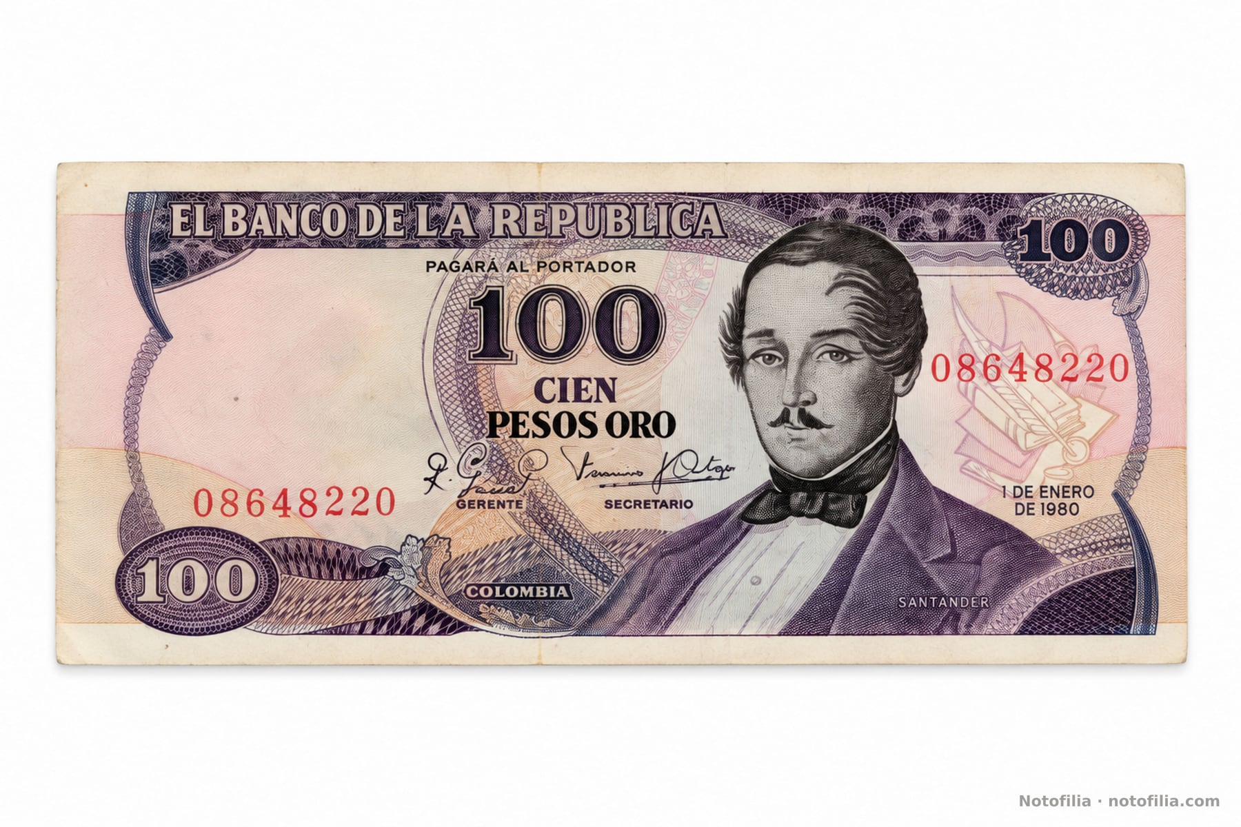 Anverso del 100 pesos oro, Pick 418b: Santander, serial 08648220 y fecha 1 de enero de 1980.