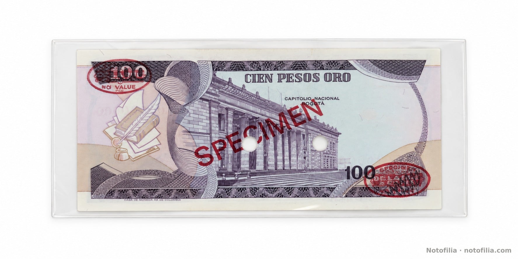 Reverso del 100 pesos oro, Pick 418s: Capitolio Nacional de Bogotá, sobrecarga SPECIMEN y óvalos sin valor.