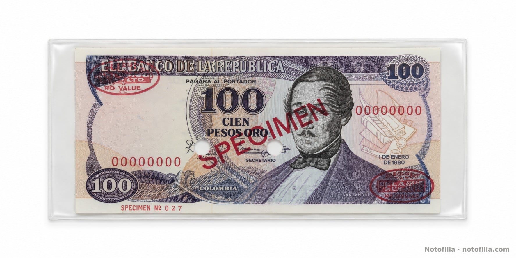 Anverso del 100 pesos oro, Pick 418s: Santander, serial 00000000, SPECIMEN Nº 027 y fecha 1.º de enero de 1980.