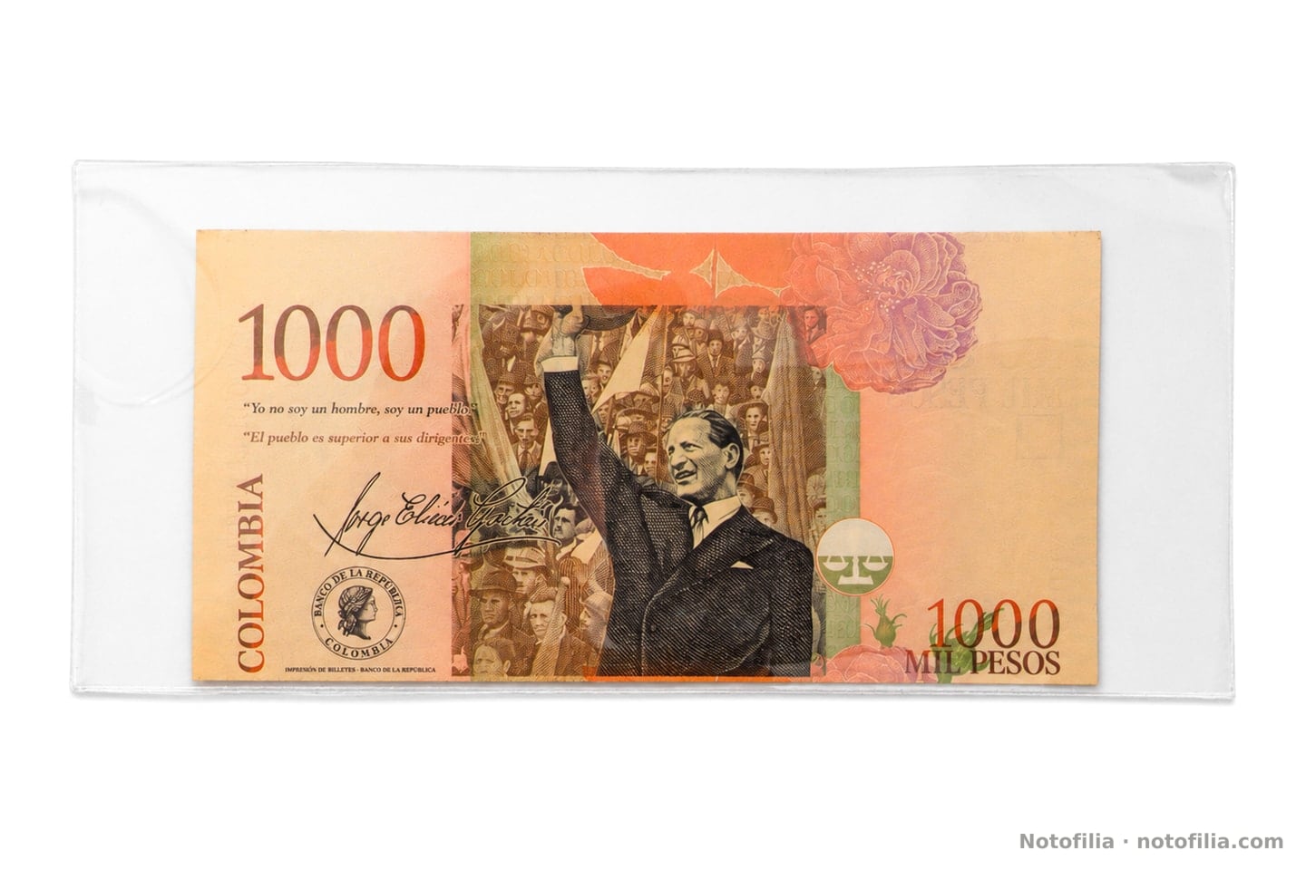 Back of the 1,000 pesos, Pick 456: Gaitán waving, the two quotations, and, on the upper edge, the strip from the neighbouring note’s foot on the sheet.