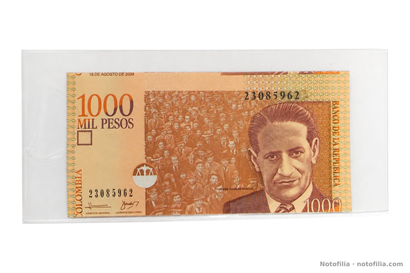 Face of the 1,000 pesos, Pick 456: Gaitán, serial 23085962, and the date 18 August 2008 on the upper-left edge, off its place under the signatures.