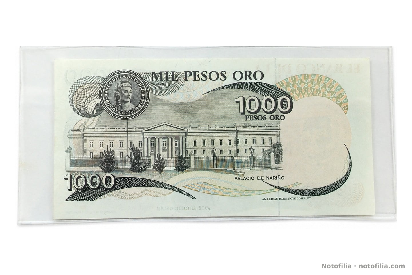 Reverso del 1.000 pesos oro, Pick 421a: Palacio de Nariño, sello del banco y pie de la American Bank Note Company.