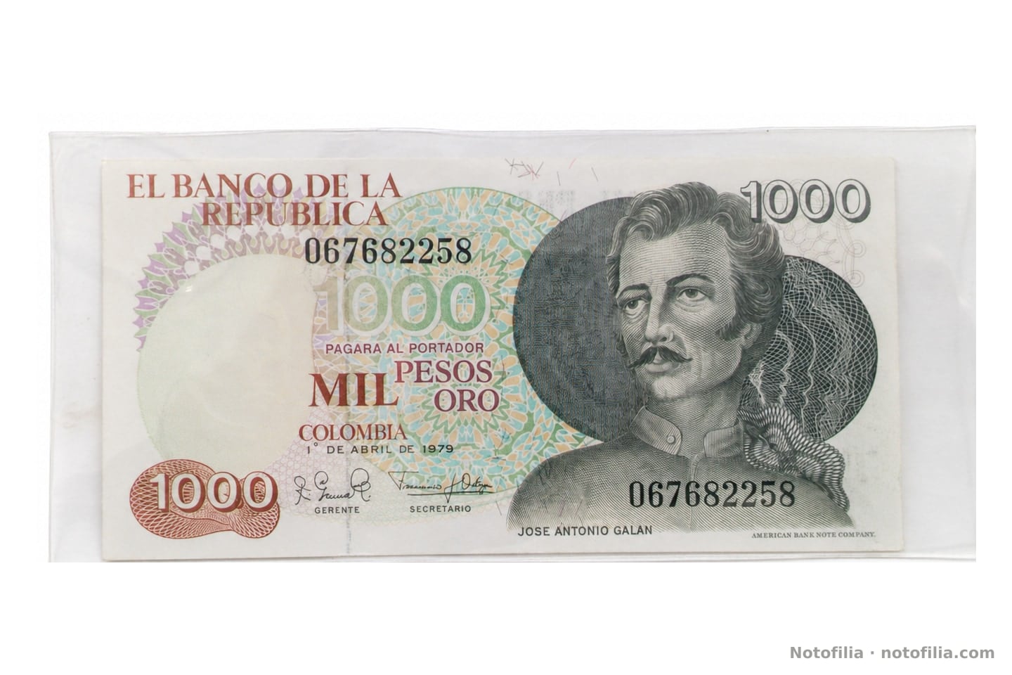 Anverso del 1.000 pesos oro, Pick 421a: José Antonio Galán, serial 067682258 y fecha 1.º de abril de 1979.