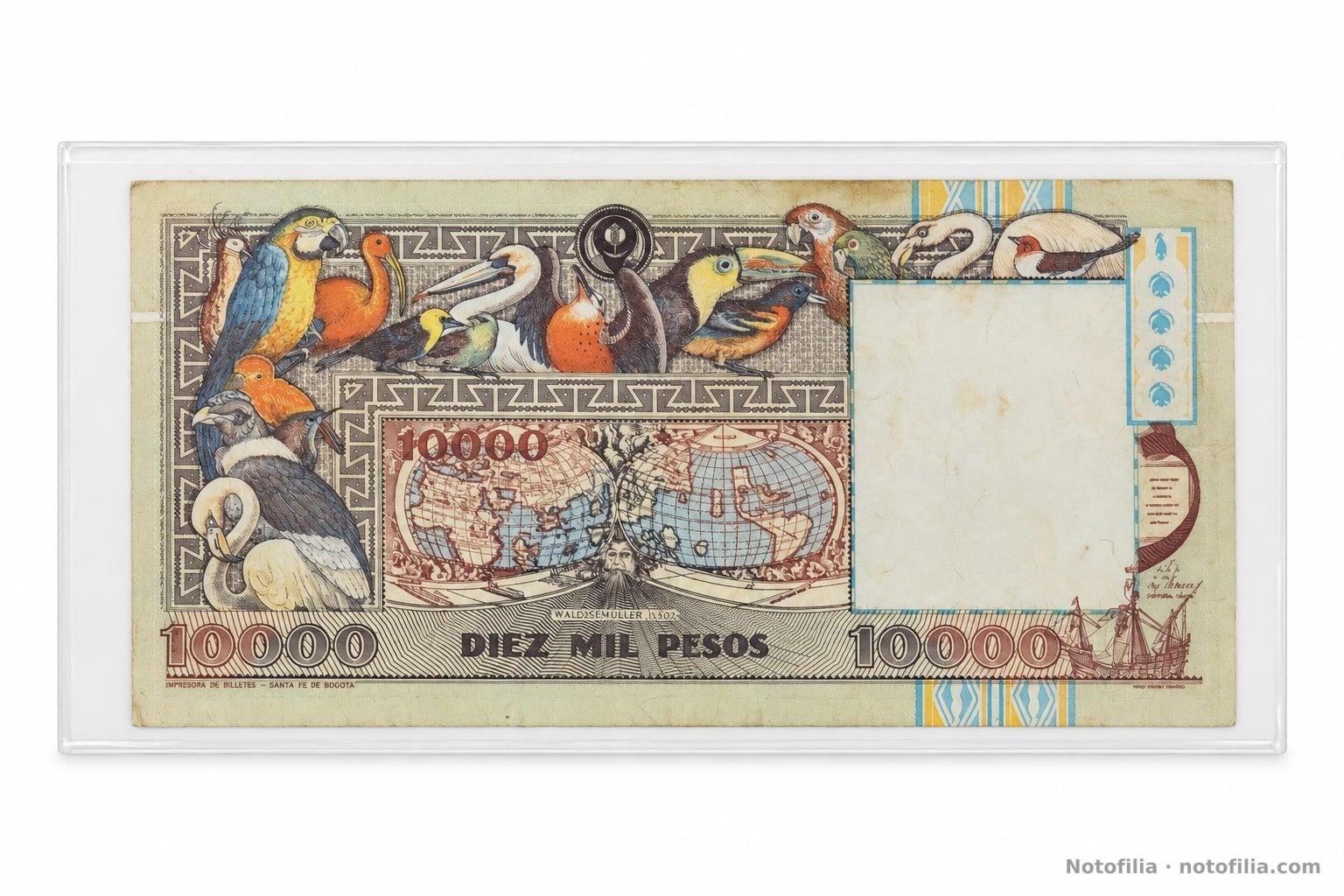 Back of the 10,000 pesos, Pick 437A / TBB B980az: Colombian birds, Waldseemüller’s 1507 world map, and the Imprenta de Billetes Santa Fe de Bogotá imprint.