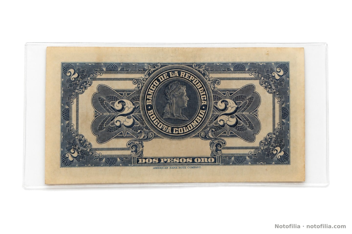 Reverso del 2 pesos oro, Pick 390b: Libertad en medallón, cifras 2 y pie de la American Bank Note Company.