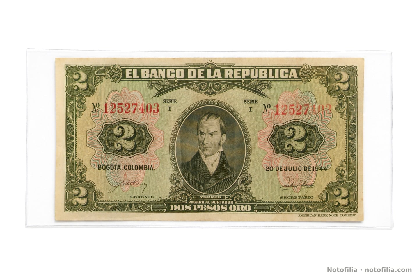 Anverso del 2 pesos oro, Pick 390b: Torres, serie I, serial 12527403 y fecha 20 de julio de 1944.