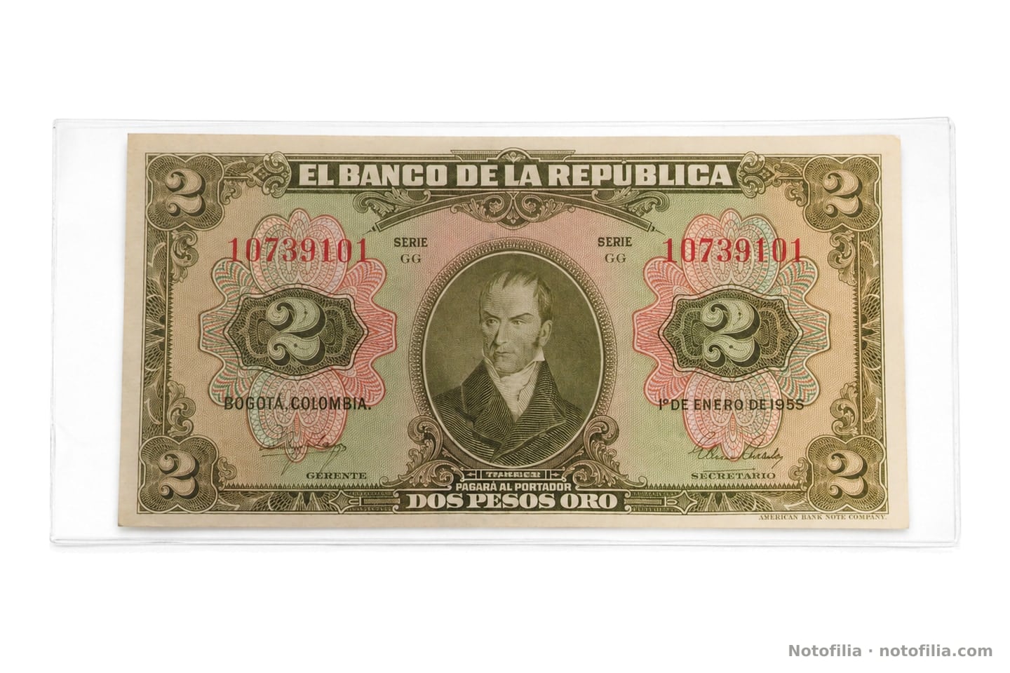 Anverso del 2 pesos oro, Pick 390d: Torres, serie GG, serial de ocho dígitos 10739101 y fecha 1.º de enero de 1955.