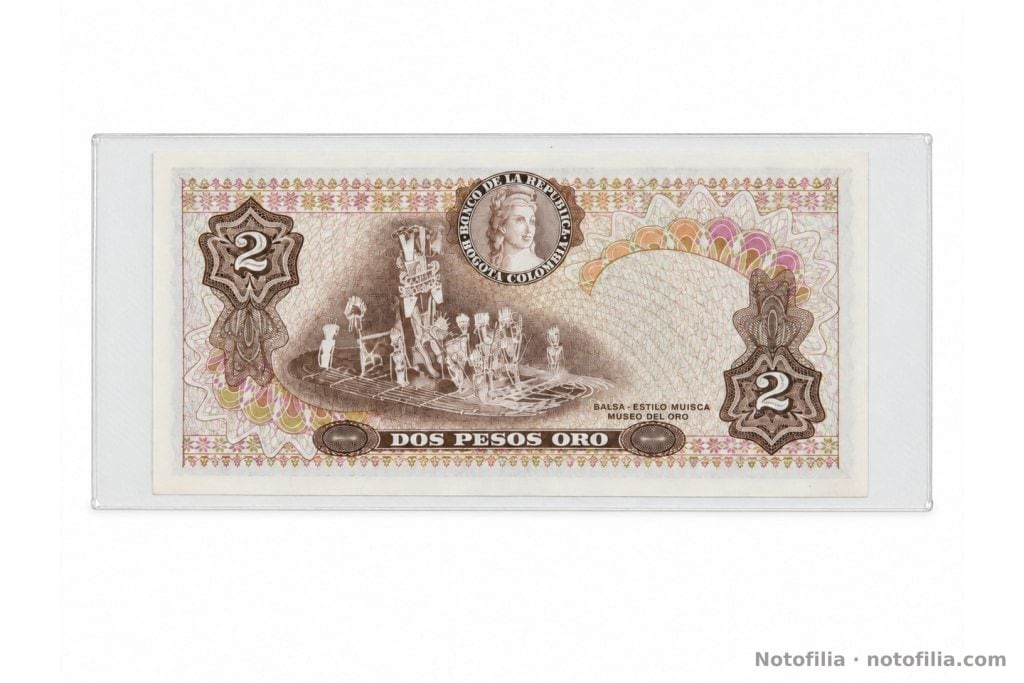 Reverso del 2 pesos oro, Pick 413b: Balsa estilo Muisca del Museo del Oro, sello de la Libertad y cifras 2.