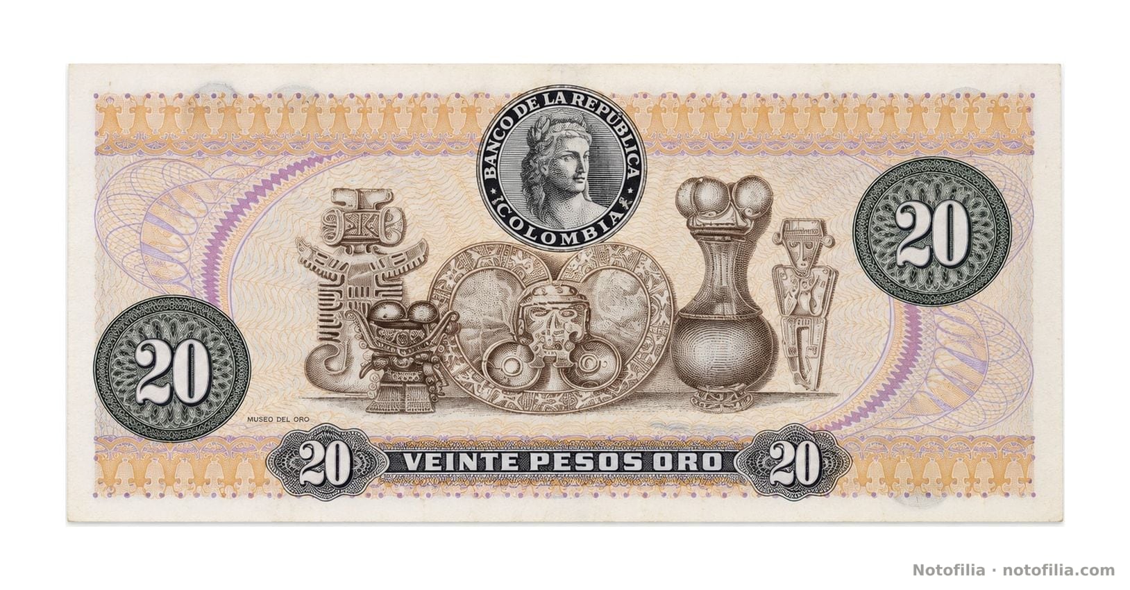Reverso del 20 pesos oro, Pick 409d: piezas del Museo del Oro y sello del Banco de la República.