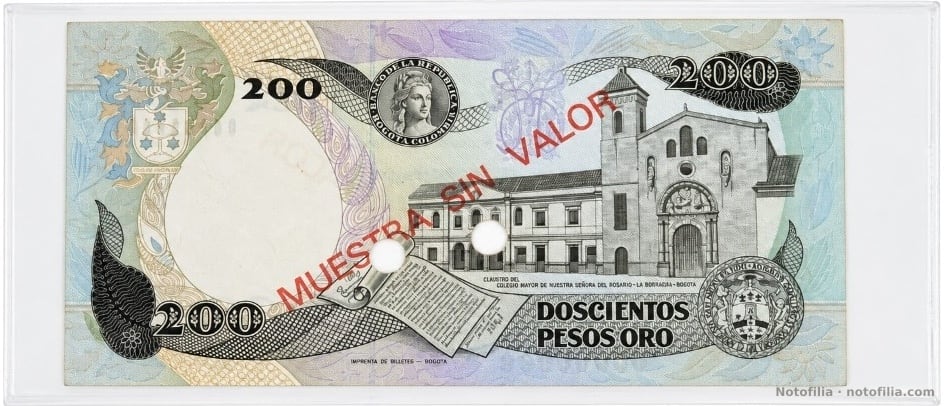 Reverso del 200 pesos oro, Pick 429ds: claustro del Rosario —La Bordadita—, sobrecarga MUESTRA SIN VALOR y pie IMPRENTA DE BILLETES — BOGOTÁ.