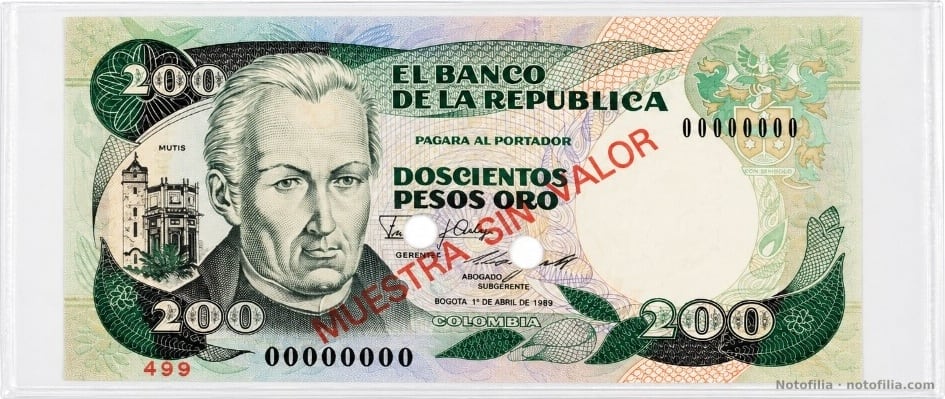 Anverso del 200 pesos oro, Pick 429ds: Mutis, serial 00000000, control 499, sobrecarga MUESTRA SIN VALOR y fecha 1.º de abril de 1989.