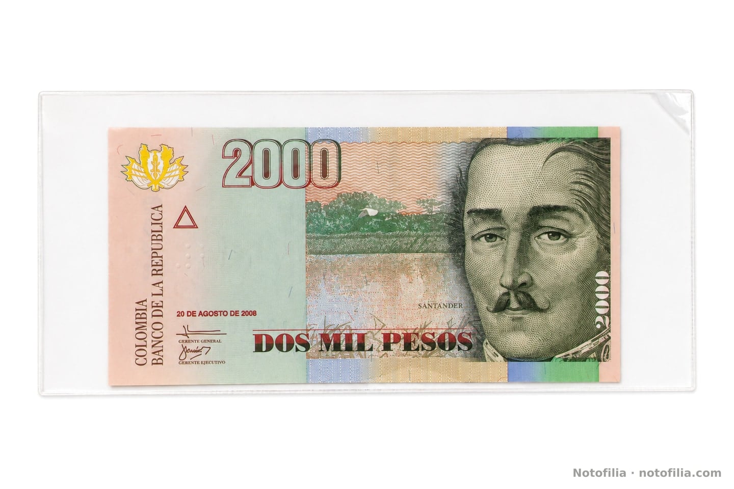 Face of the 2,000 pesos, Pick 457: Santander, the date 20 August 2008, and the legend DOS MIL PESOS. The serials are on the back.