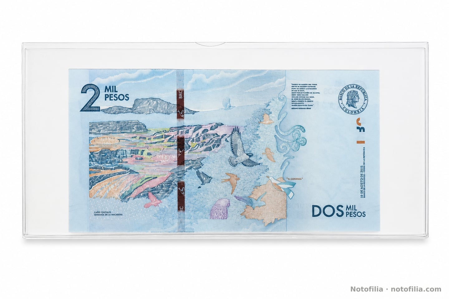Back of the 2,000 pesos, Pick 458a / TBB B993a: Caño Cristales, Serranía de la Macarena, El cardenal, and the Imprenta de Billetes imprint.