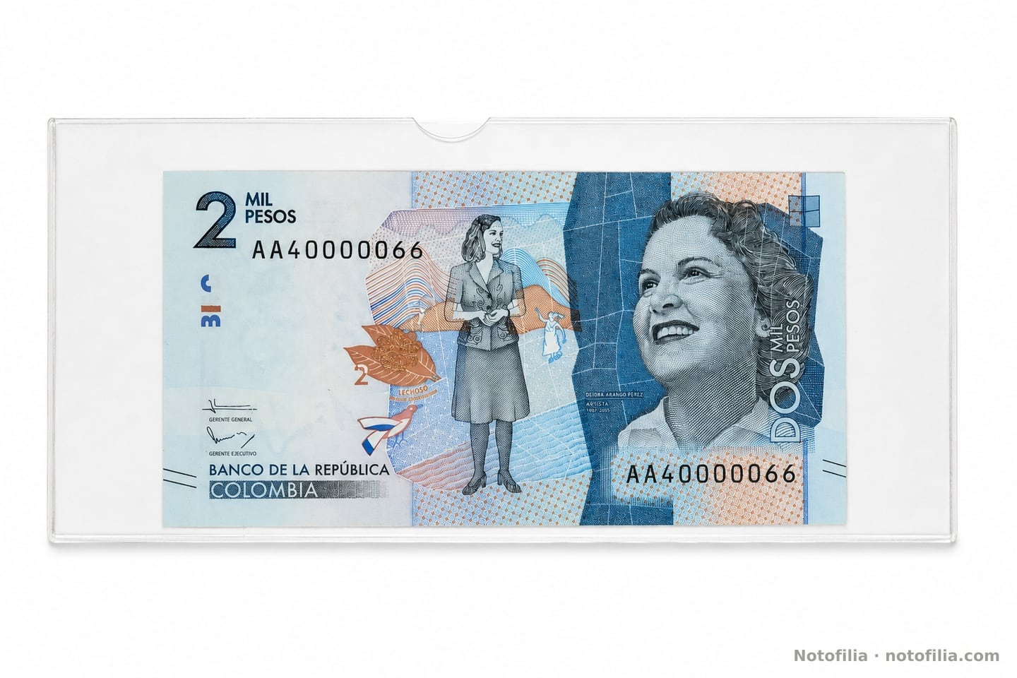 Face of the 2,000 pesos, Pick 458a / TBB B993a: Débora Arango, SPARK lechoso, the date 19 August 2015, and fancy serial AA40000066.