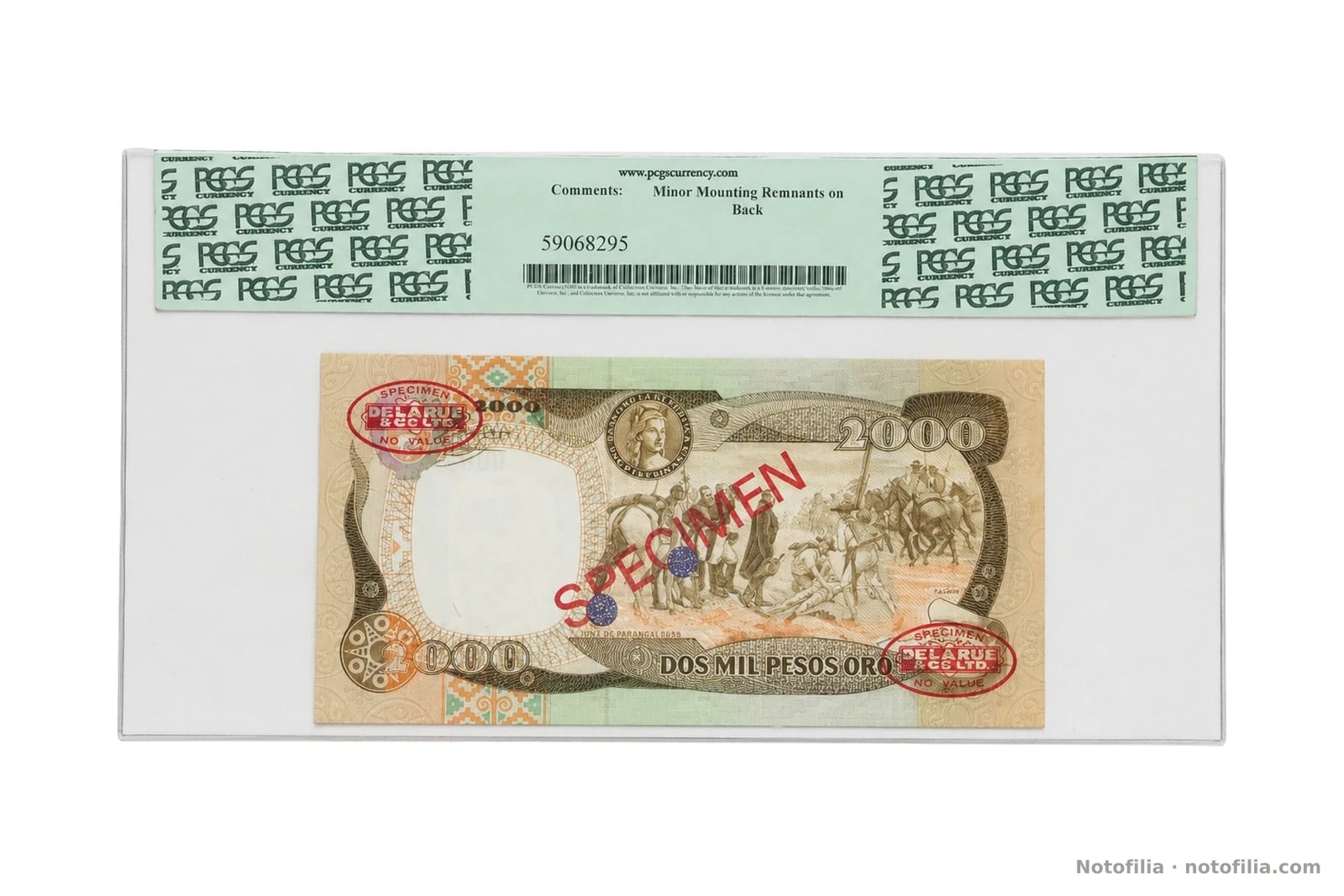 Back of the 2,000 pesos oro, Pick 430as, slabbed PCGS 64 Very Choice New: F. A. Cano’s Paso del Páramo de Pisba, De La Rue ovals, and certificate 59068295.