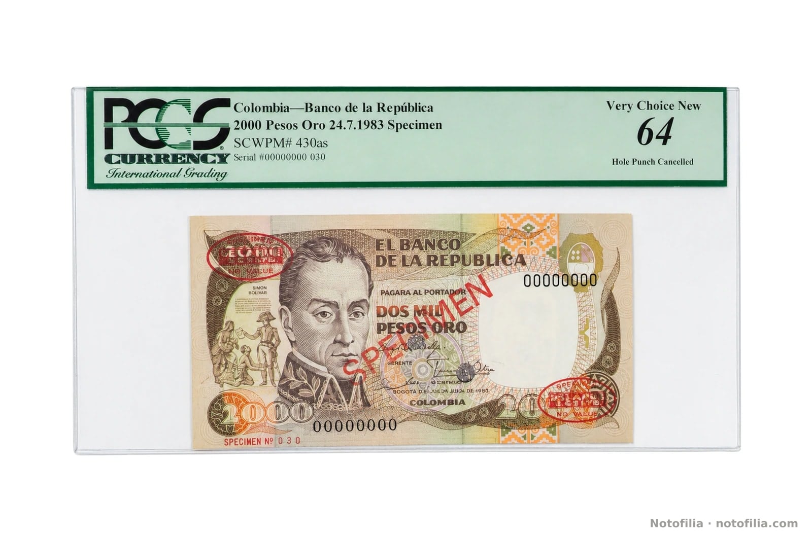 Face of the 2,000 pesos oro, Pick 430as, slabbed PCGS 64 Very Choice New: Bolívar, serial 00000000, SPECIMEN Nº 030, and the date 24 July 1983.