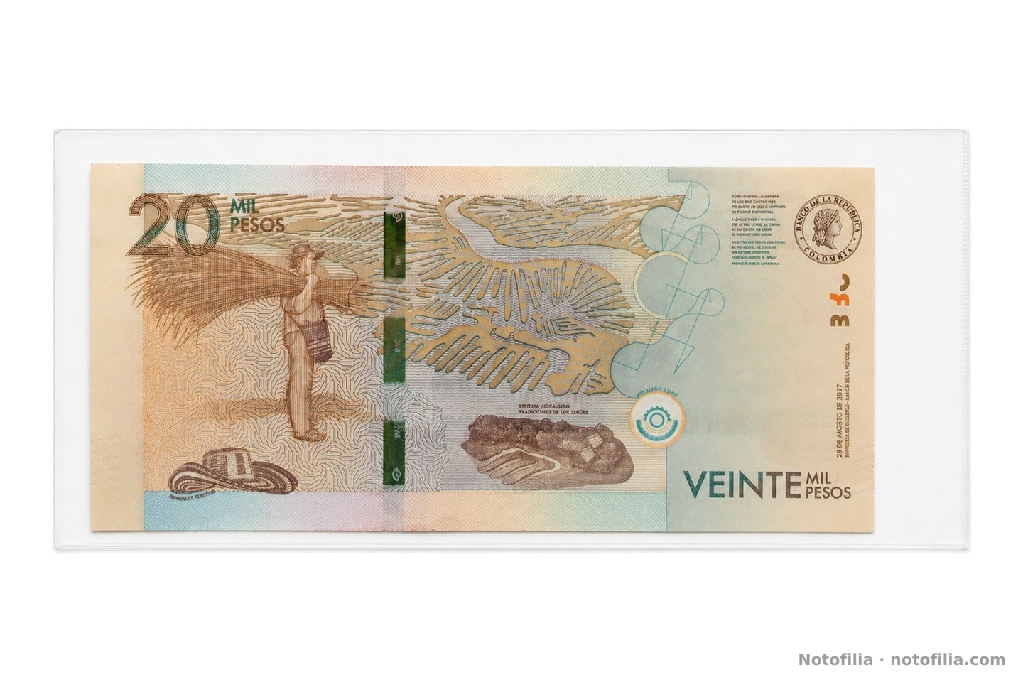 Reverso del 20.000 pesos, Pick 461 / TBB B996c: campesino zenú, sombrero vueltiao, sistema hidráulico de La Mojana y pie de la Imprenta de Billetes.