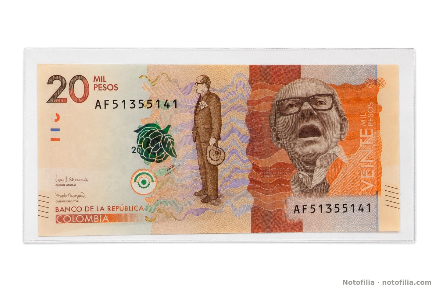 Anverso del 20.000 pesos, Pick 461 / TBB B996c: López Michelsen, anón SPARK, fecha 29 de agosto de 2017 y serial AF51355141.