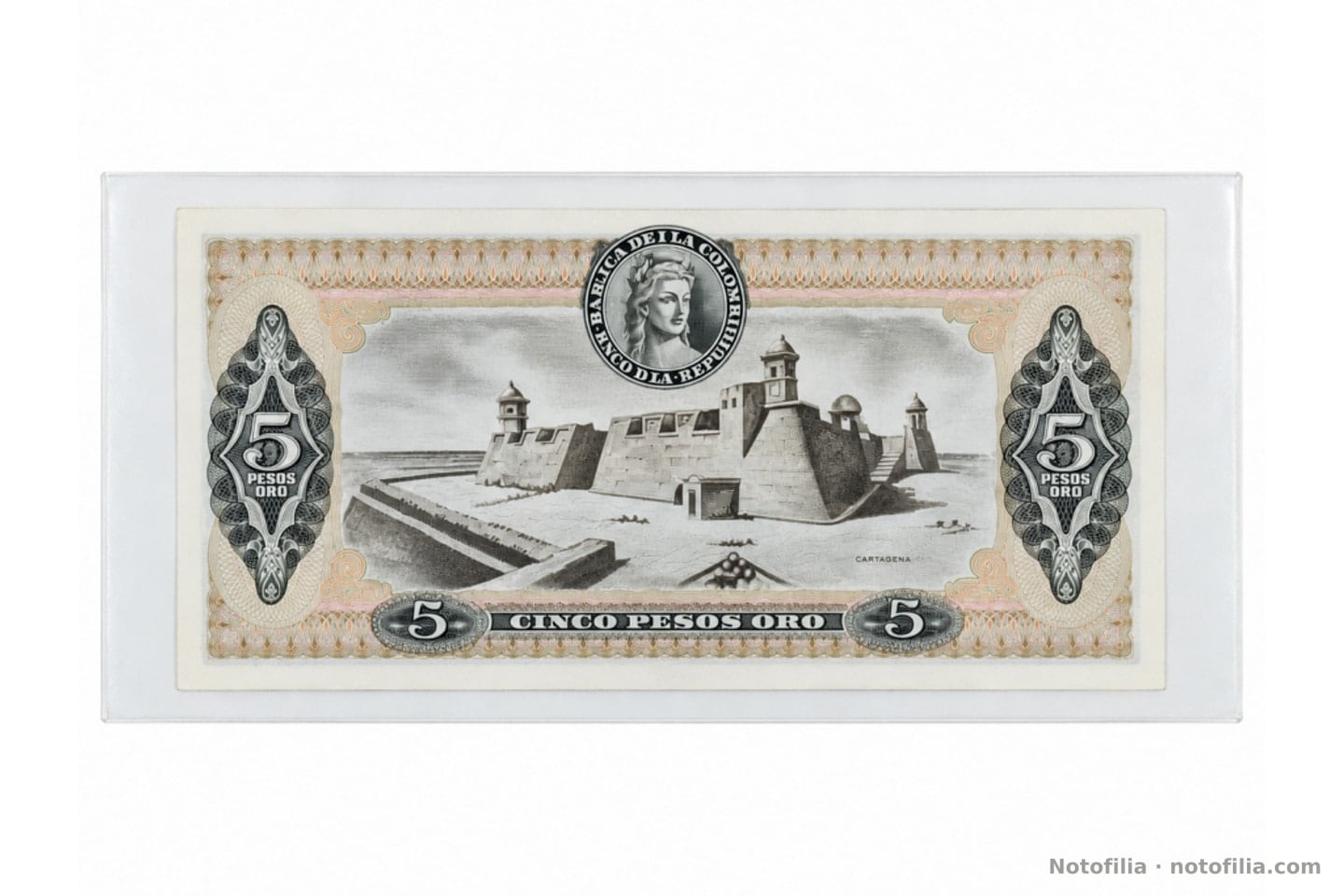 Back of the 5 pesos oro, Pick 406f: the walls of Cartagena, the Banco de la República seal, and the figures 5.