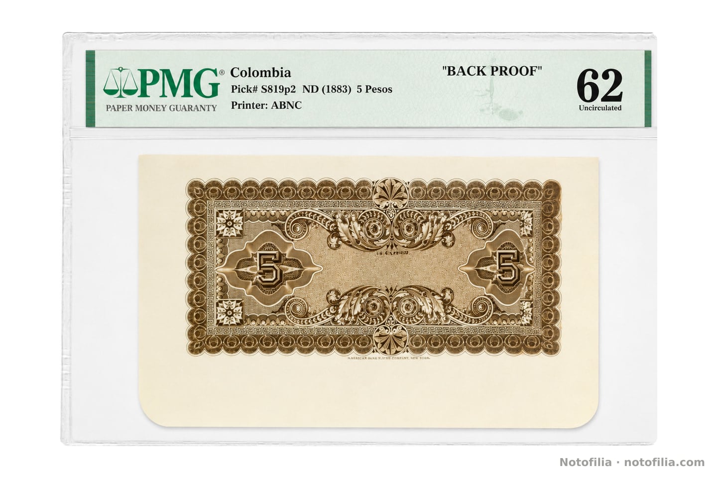 Prueba de reverso, Pick S819p2, encapsulada PMG 62 Uncirculated: marco ornamental en sepia, cifras 5 y pie de la American Bank Note Company.