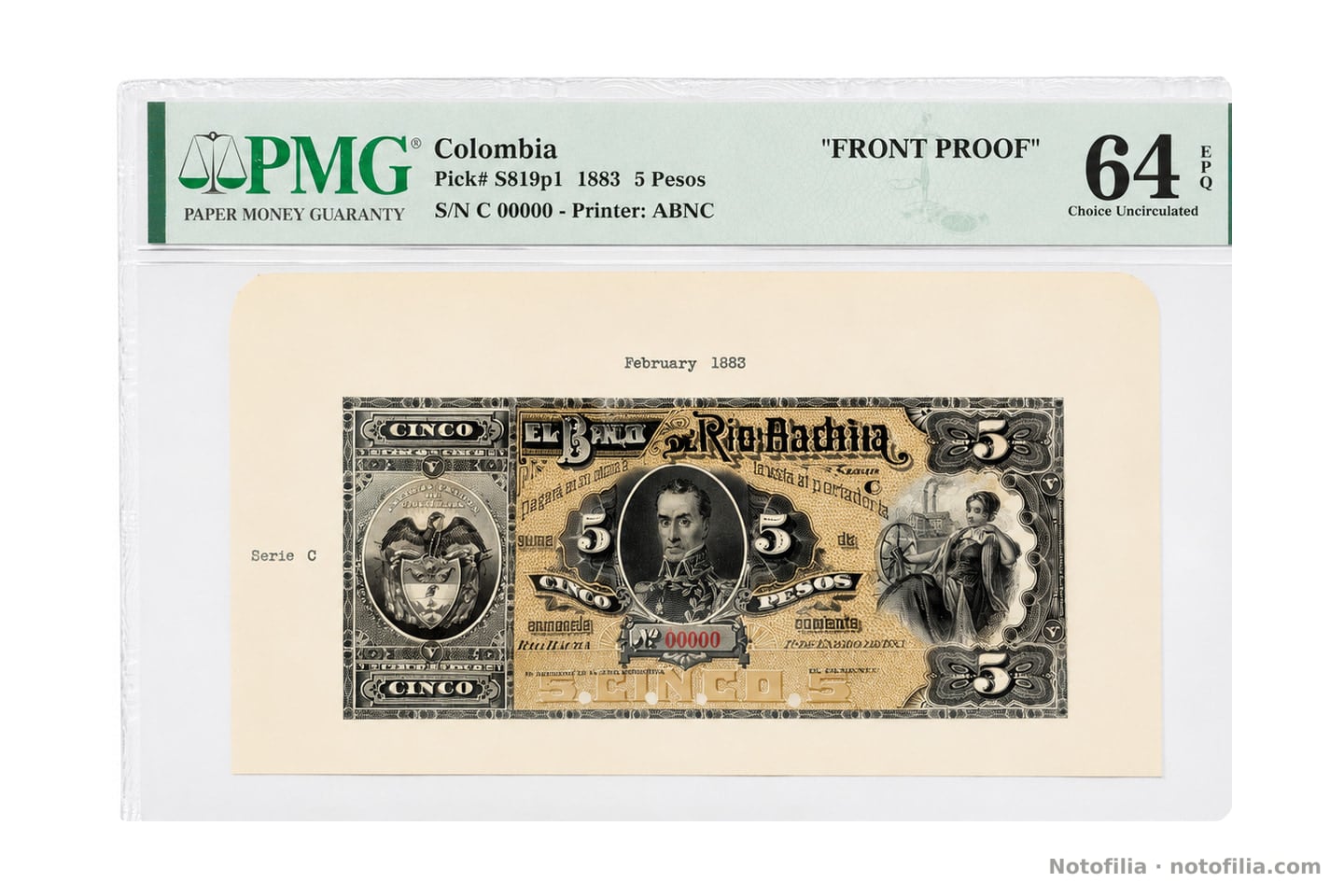 Prueba de anverso, Pick S819p1, encapsulada PMG 64 Choice Uncirculated EPQ: Bolívar, escudo, alegoría de la industria y serial C 00000.