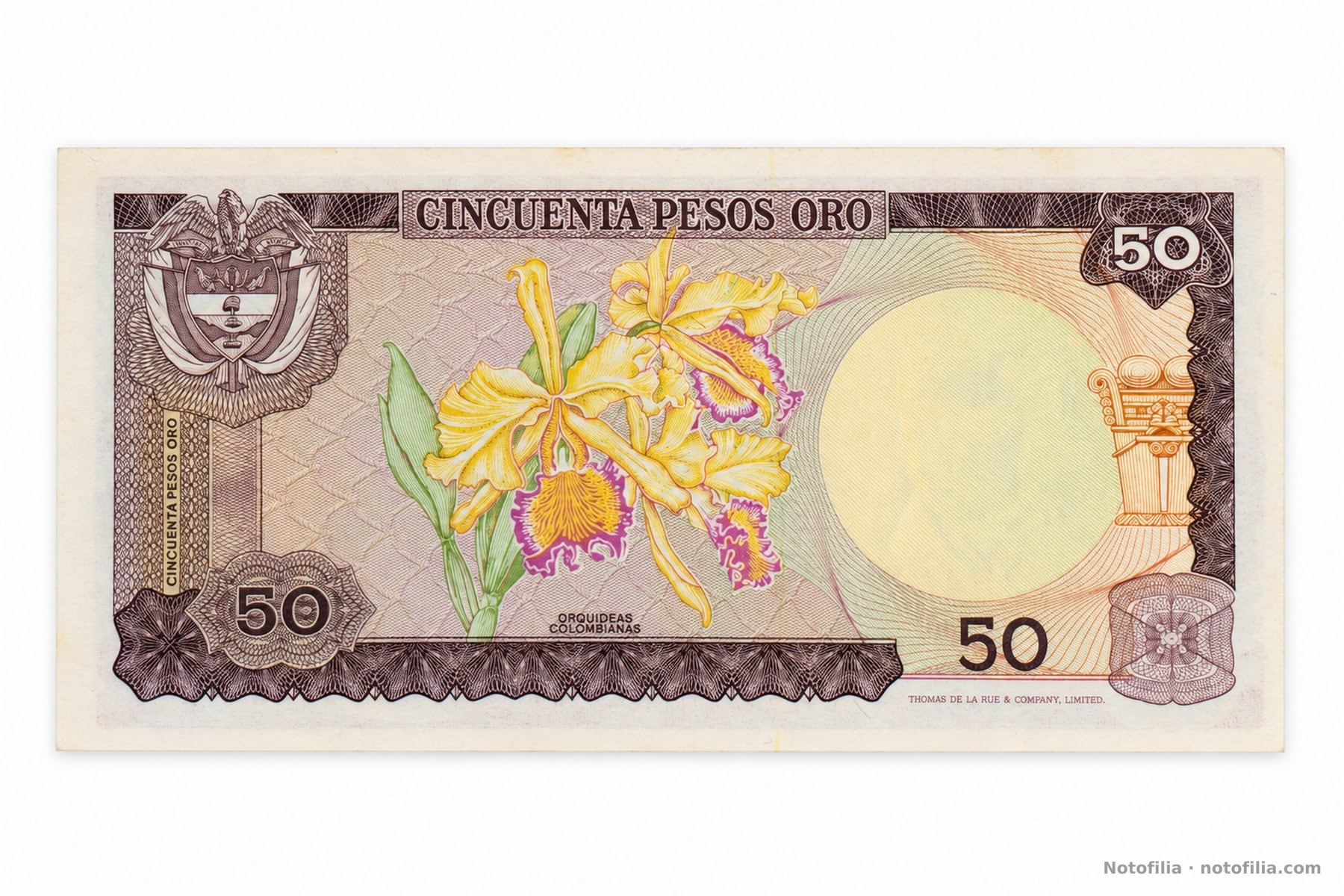 Reverso del 50 pesos oro, Pick 414a: orquídeas colombianas, escudo nacional y pie THOMAS DE LA RUE & COMPANY, LIMITED.