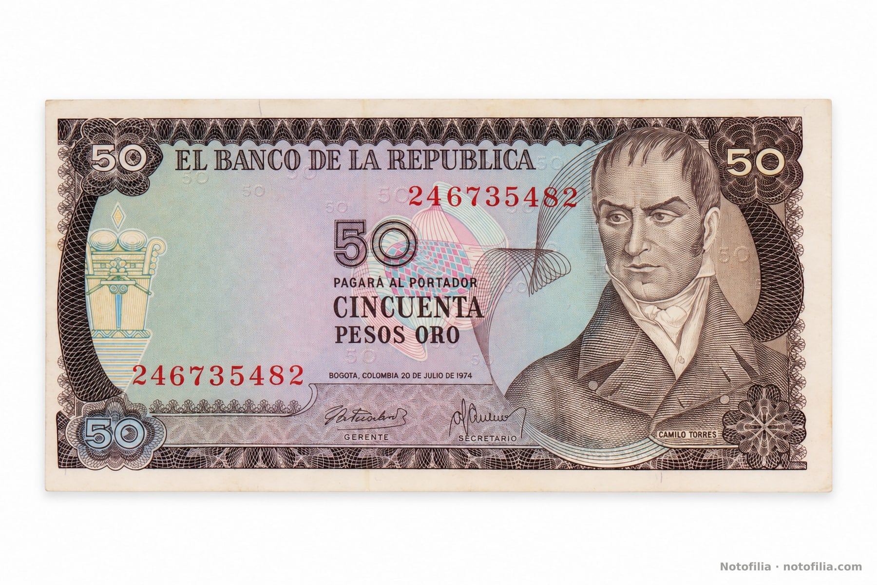 Anverso del 50 pesos oro, Pick 414a: Camilo Torres, serial 2467354822 y fecha 20 de julio de 1974.