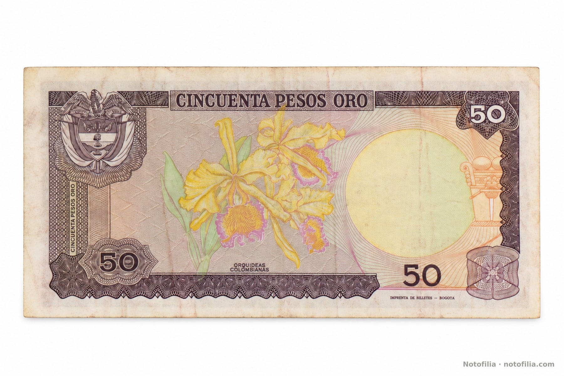 Reverso del 50 pesos oro, Pick 425a: orquídeas colombianas, escudo nacional y pie IMPRENTA DE BILLETES - BOGOTÁ.
