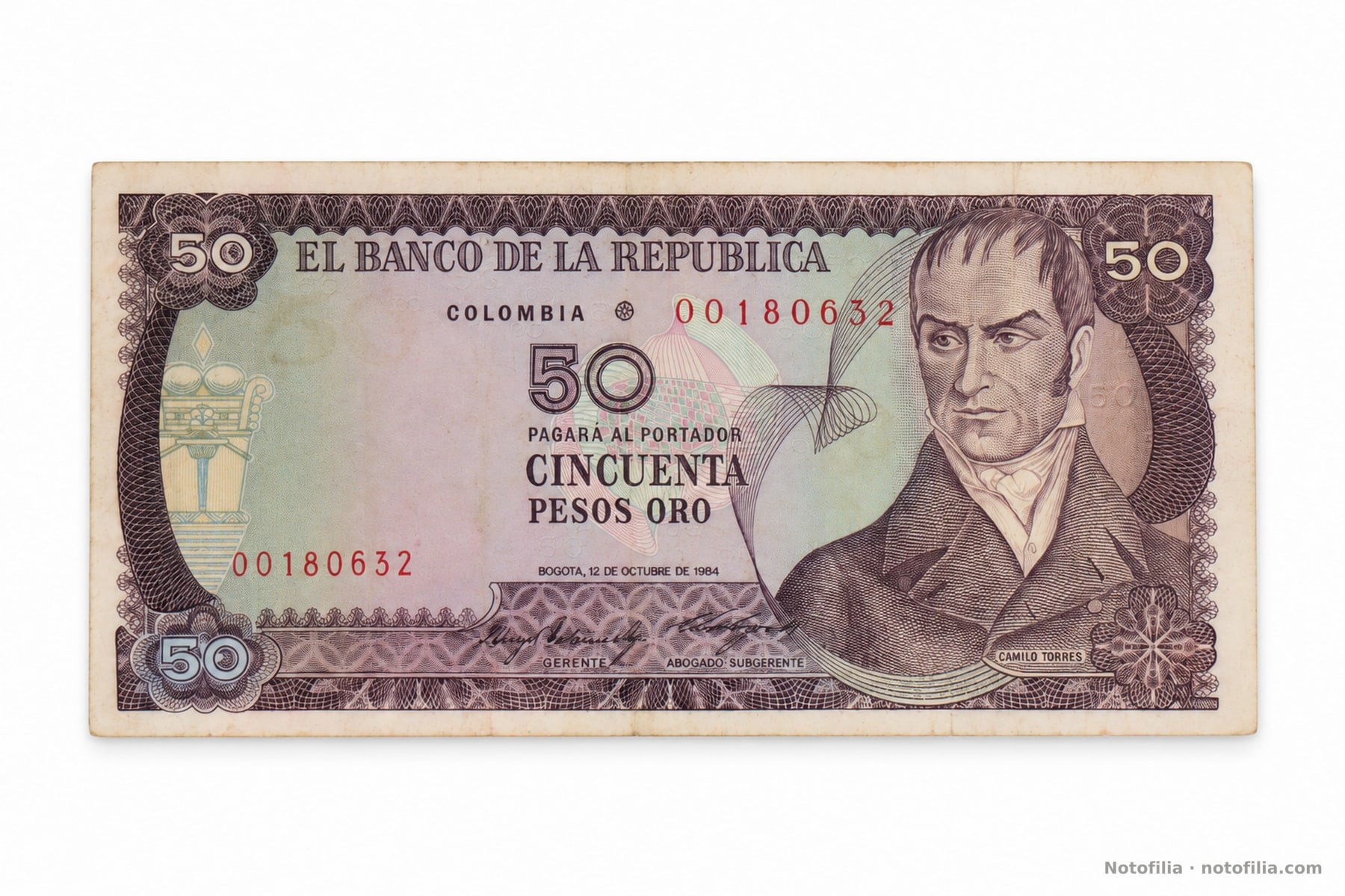 Anverso del 50 pesos oro, Pick 425a: Camilo Torres, serial 0001806322 y fecha 12 de octubre de 1984.