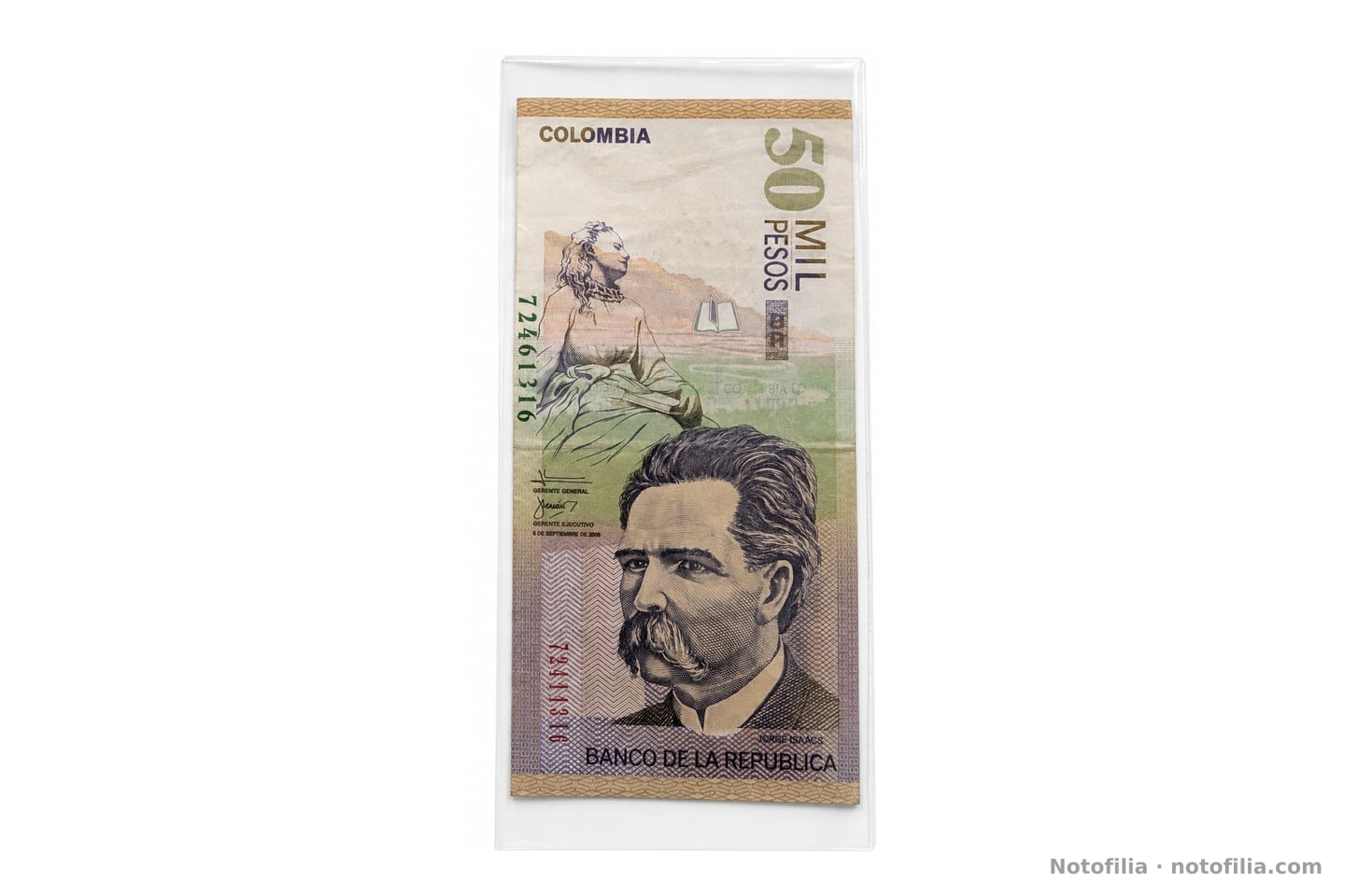 Face of the 50,000 pesos, Pick 455l: Isaacs, María, the date 5 September 2008, and serials 72461316 (black) and 72411316 (red), which do not match.