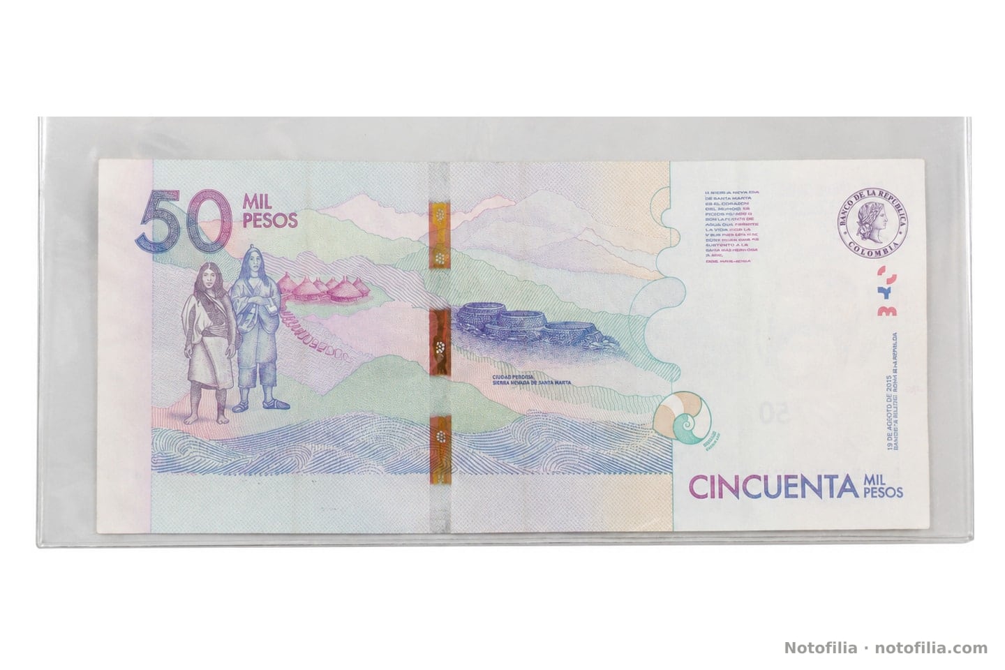 Back of the 50,000 pesos, Pick 462a: indigenous people of the Sierra Nevada, Ciudad Perdida, the Nobel speech, and the date 19 August 2015 on the right edge.