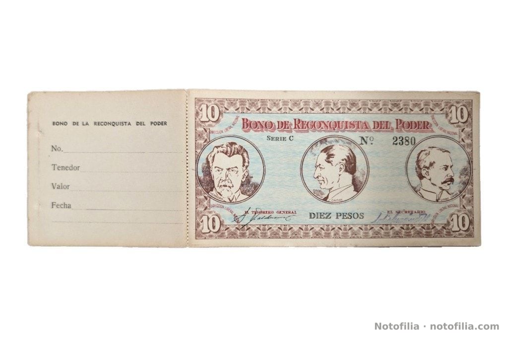 Cuadernillo abierto: a la izquierda el talón, con casillas en blanco para número, tenedor, valor y fecha; a la derecha el anverso del bono de diez pesos, Serie C, N.º 2380, con Herrera, Gaitán y Uribe Uribe.
