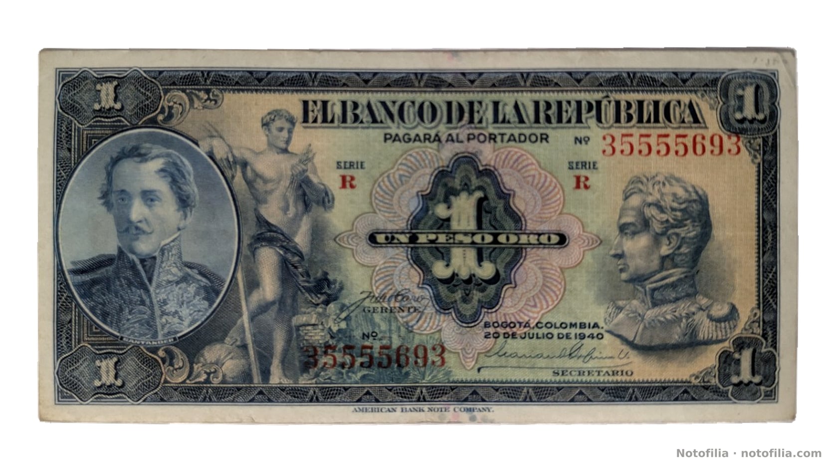Face, 1 peso oro 1940, serial R 35555693