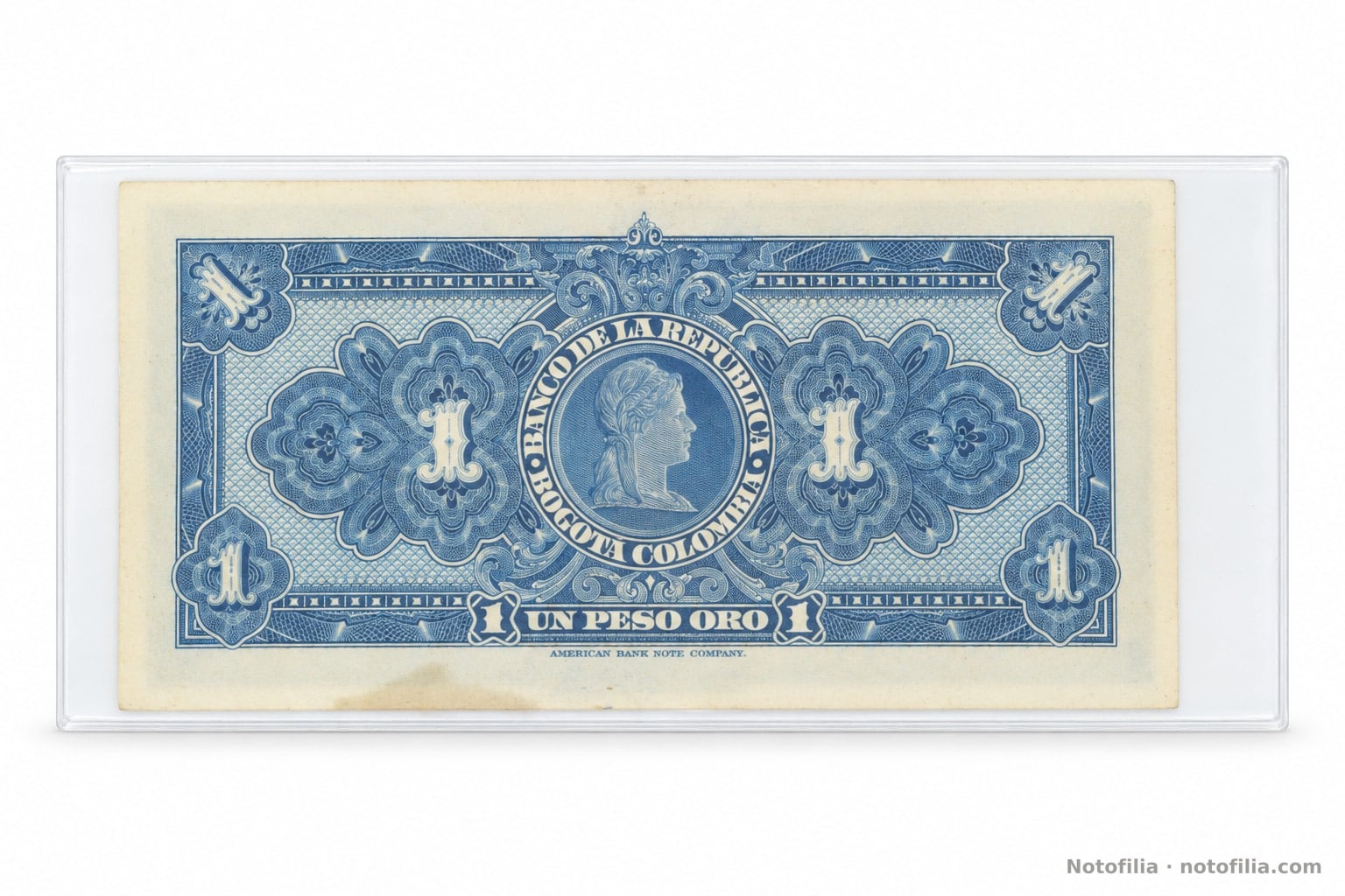 Back of the 1 peso oro, Pick 380d: Liberty in a blue medallion, the figures 1, and the American Bank Note Company imprint.