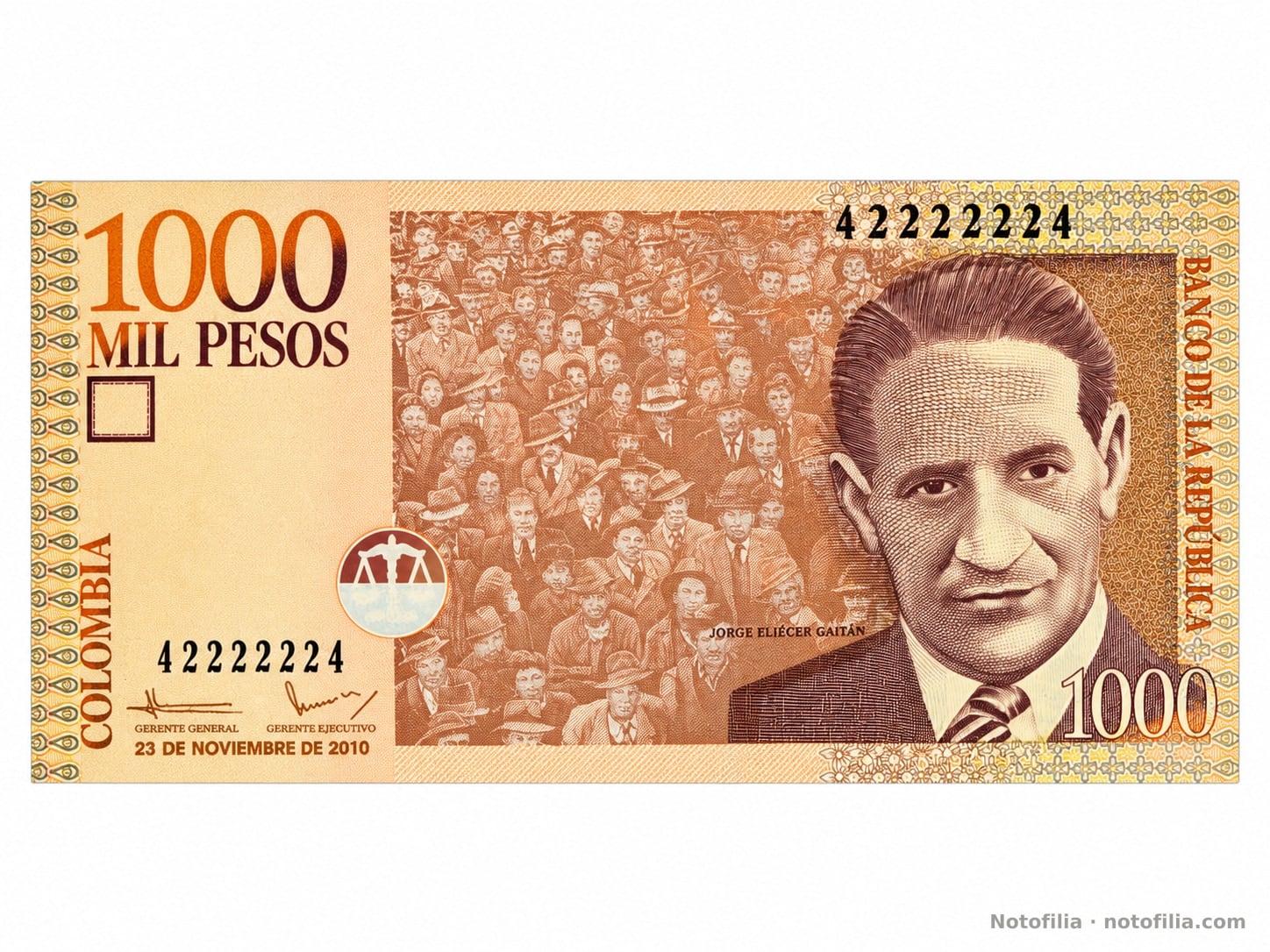 Anverso, 1.000 pesos 2010, serial 42222224