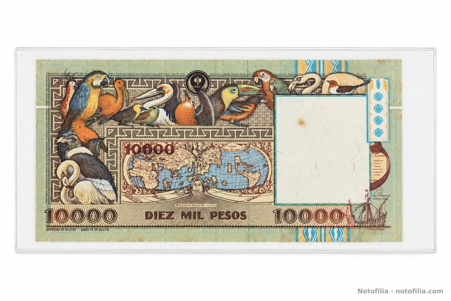 Reverso del 10.000 pesos, Pick 437A / TBB B980az: aves colombianas, mapamundi de Waldseemüller de 1507 y pie de la Imprenta de Billetes de Santa Fe de Bogotá.