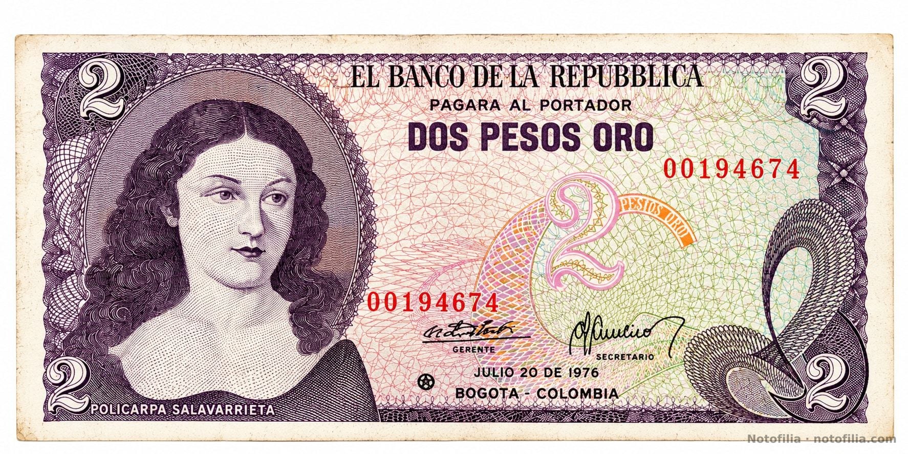 Face, 2 pesos oro 1976, serial 00194674