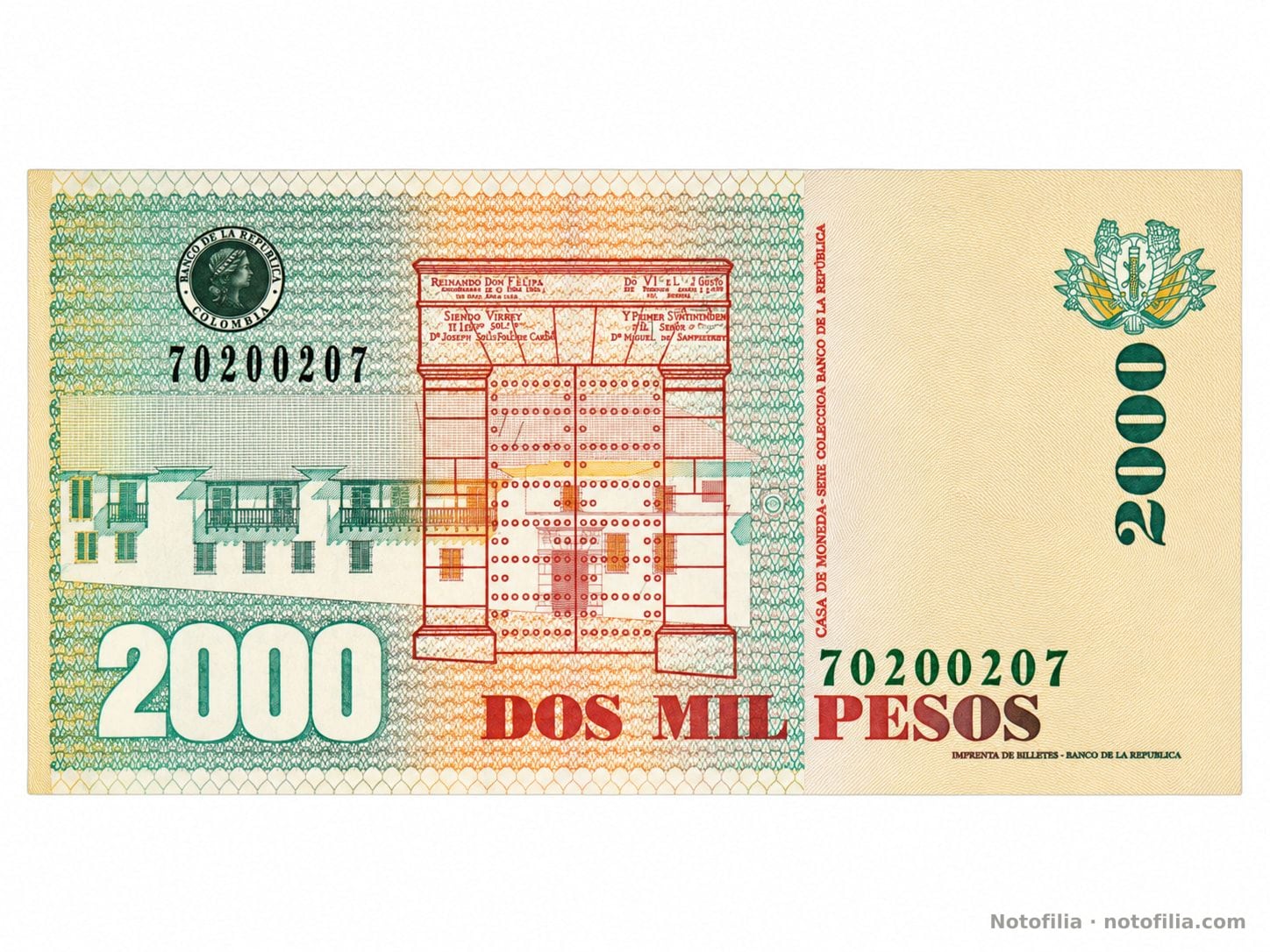 Back, 2,000 pesos 2009, serial 70200207