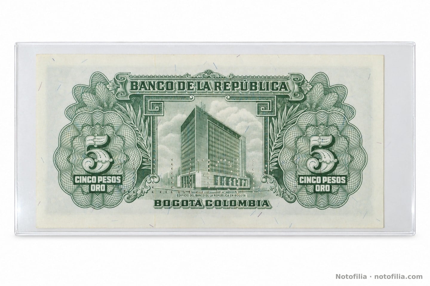 Back of the 5 pesos oro, Pick 405s: the new Banco de la República building in Bogotá and the figures 5.