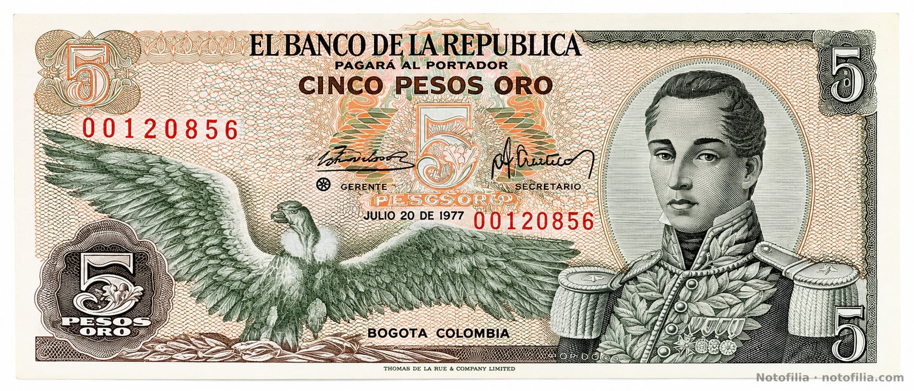 Anverso, 5 pesos oro 1977, serial 00120856