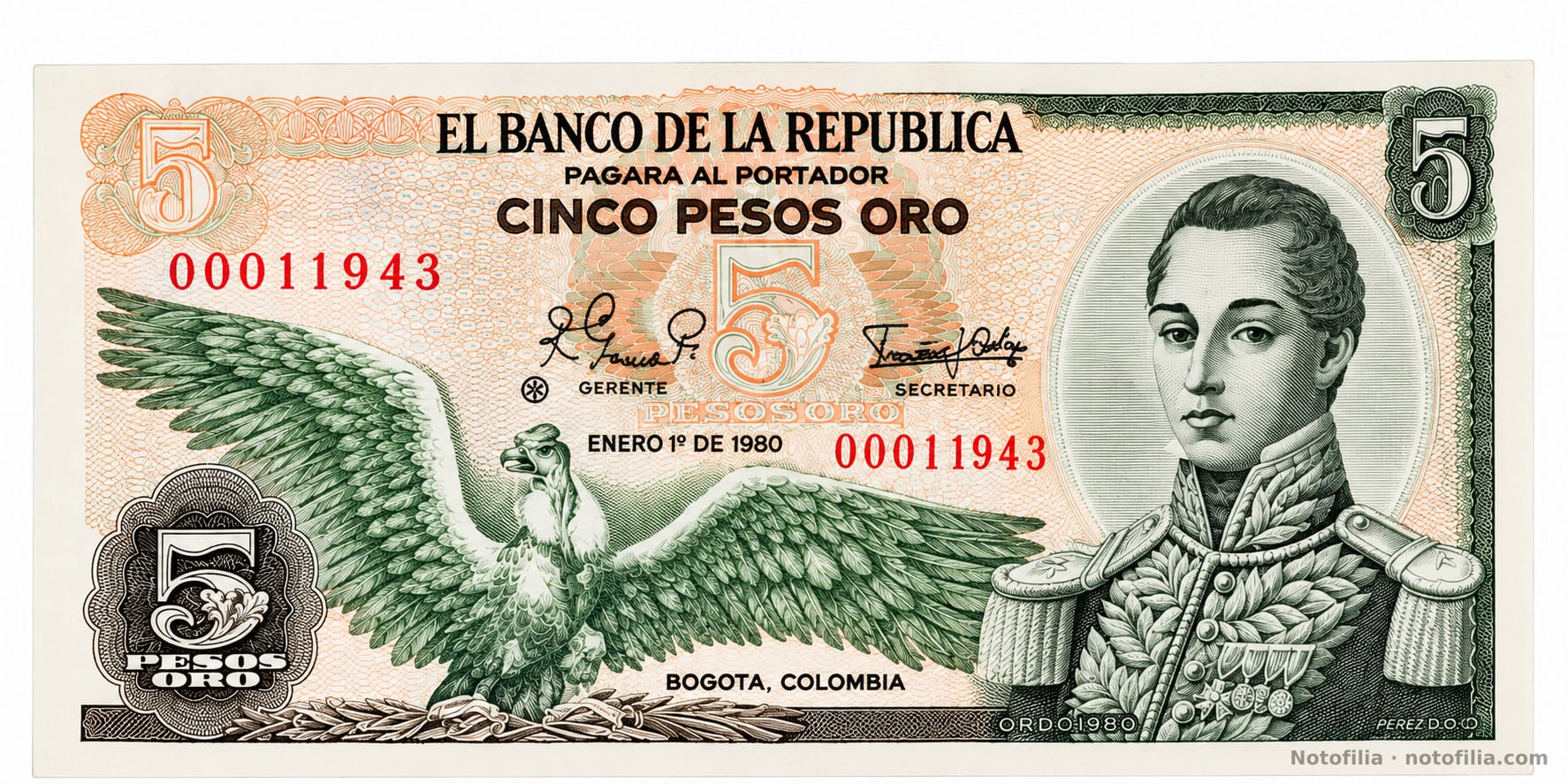 Anverso, 5 pesos oro 1980, serial 00011943