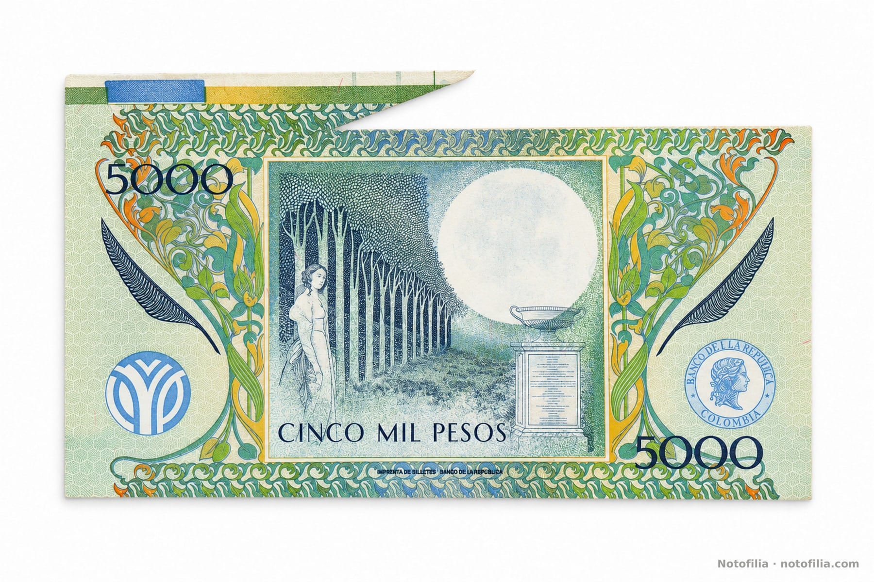 Back of the 5,000 pesos, Pick 452l, serial 09629901: the tree alley, the female figure, “Nocturno,” and the same flap, with the sheet-margin color bars.