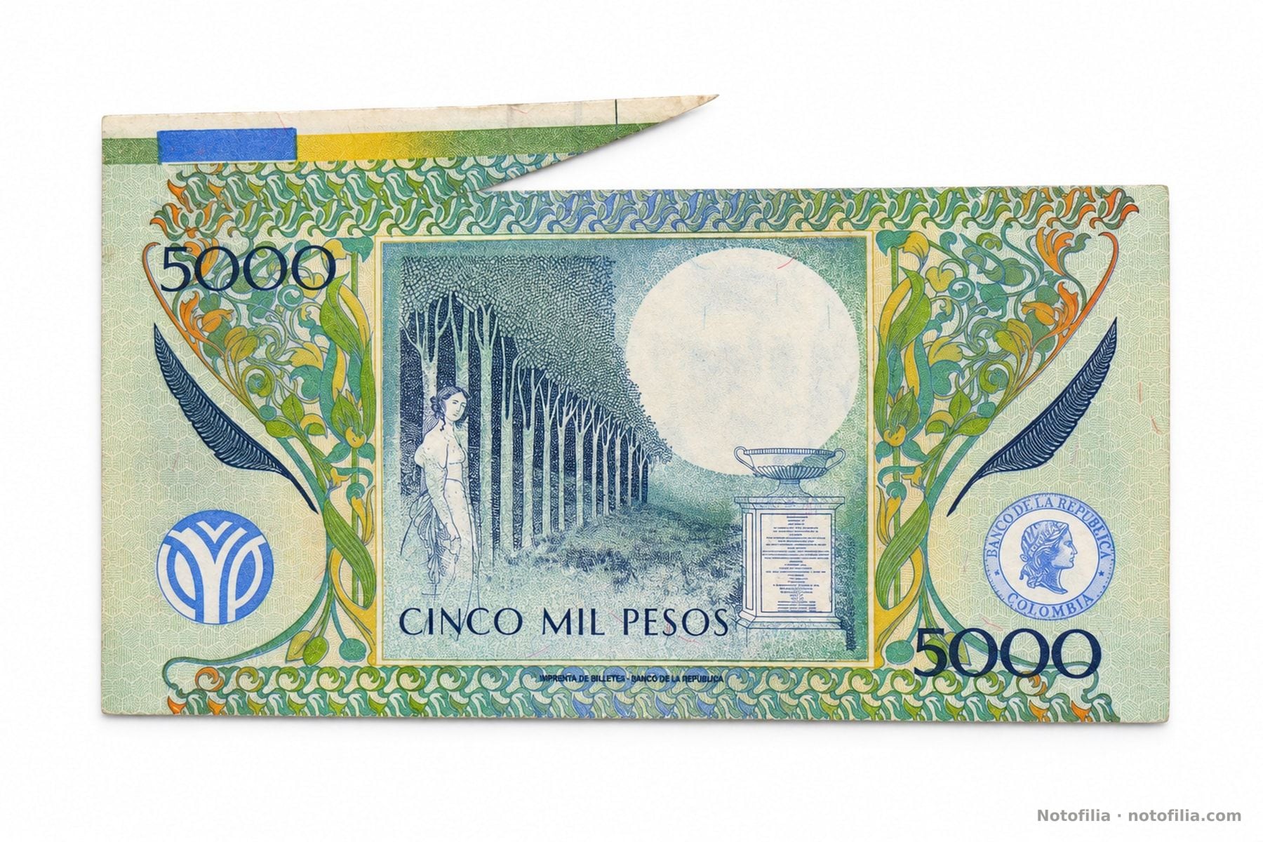 Back of the 5,000 pesos, Pick 452l, serial 09636101: the tree alley, the female figure, “Nocturno,” and the same flap, with the sheet-margin color bars.