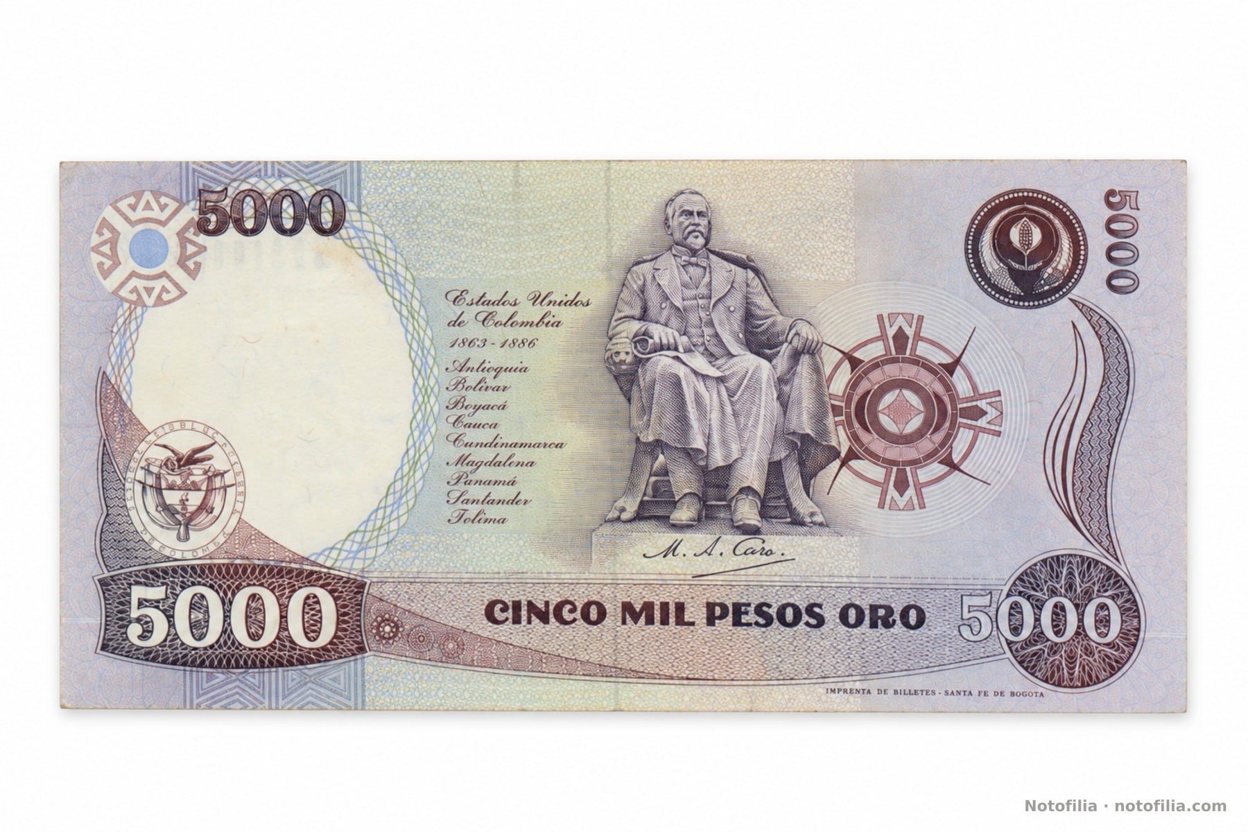 Reverso del 5.000 pesos oro, Pick 436A / TBB B974c: estatua de Miguel Antonio Caro, lista de estados de 1863–1886 y pie IMPRENTA DE BILLETES - SANTA FE DE BOGOTÁ.