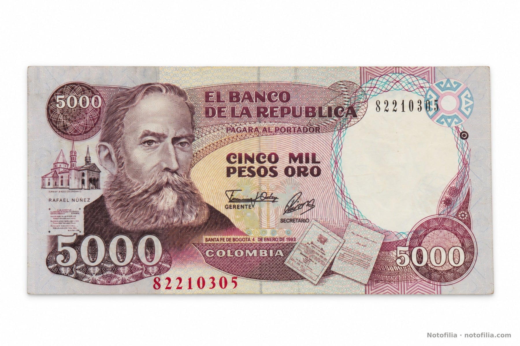 Anverso del 5.000 pesos oro, Pick 436A / TBB B974c: Rafael Núñez, Ermita del Cabrero, serial 82210365 y fecha 4 de enero de 1993.